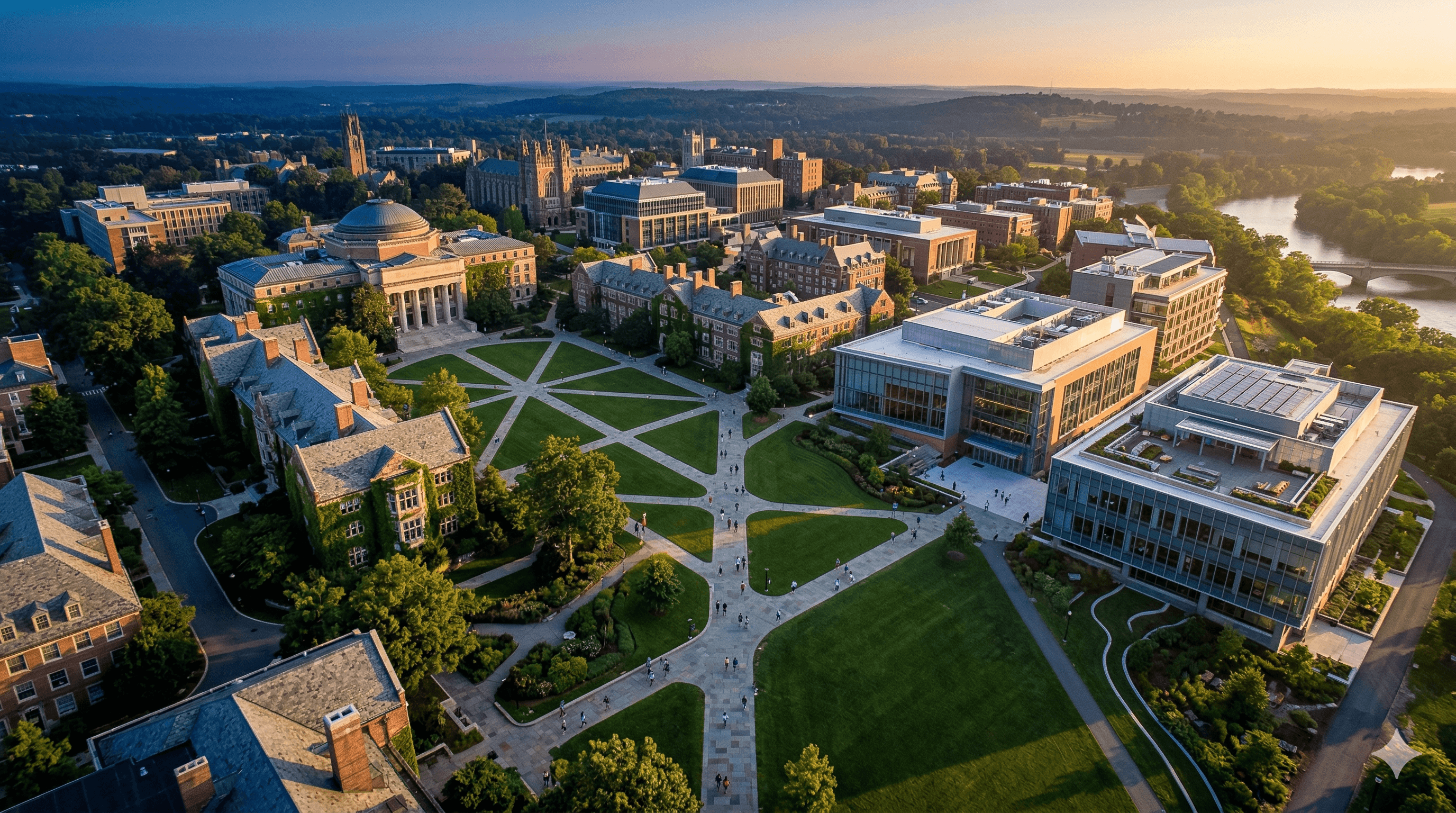 Aerial view of a prestigious university campus at sunrise