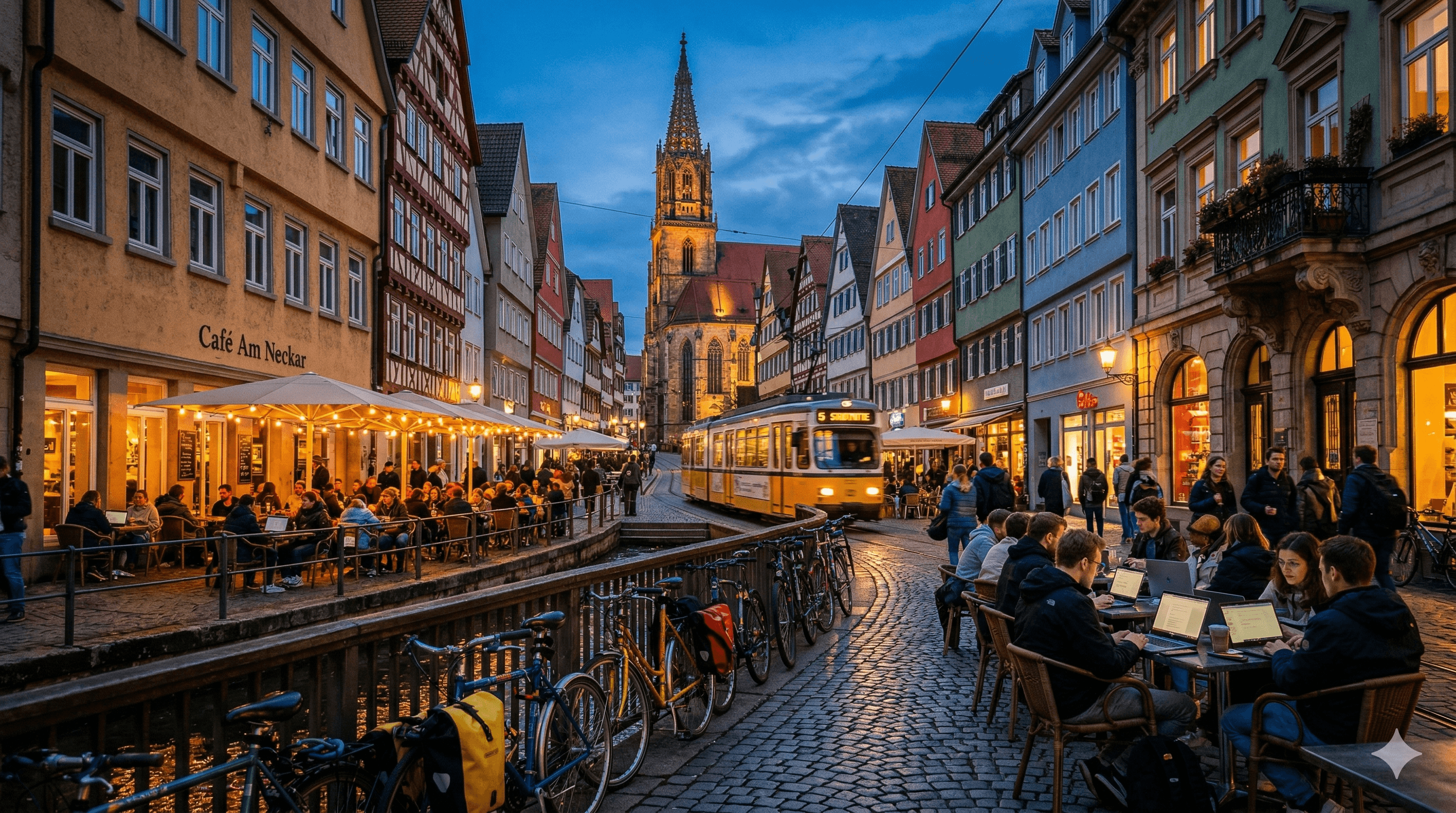Charming European student city street at blue hour