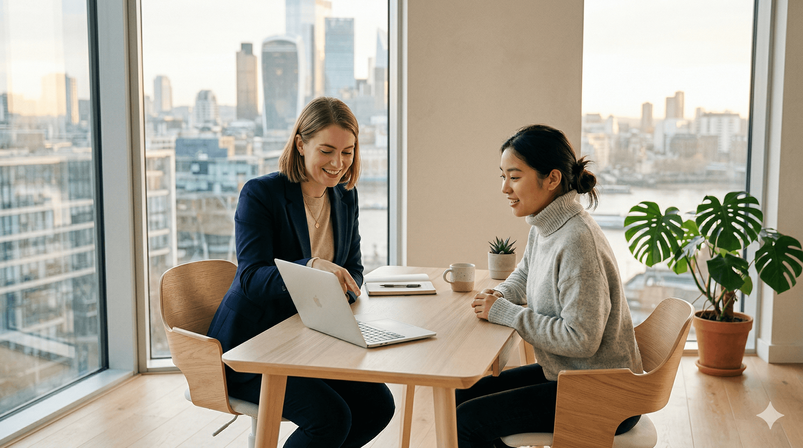 Education consultant meeting with a student in a modern office