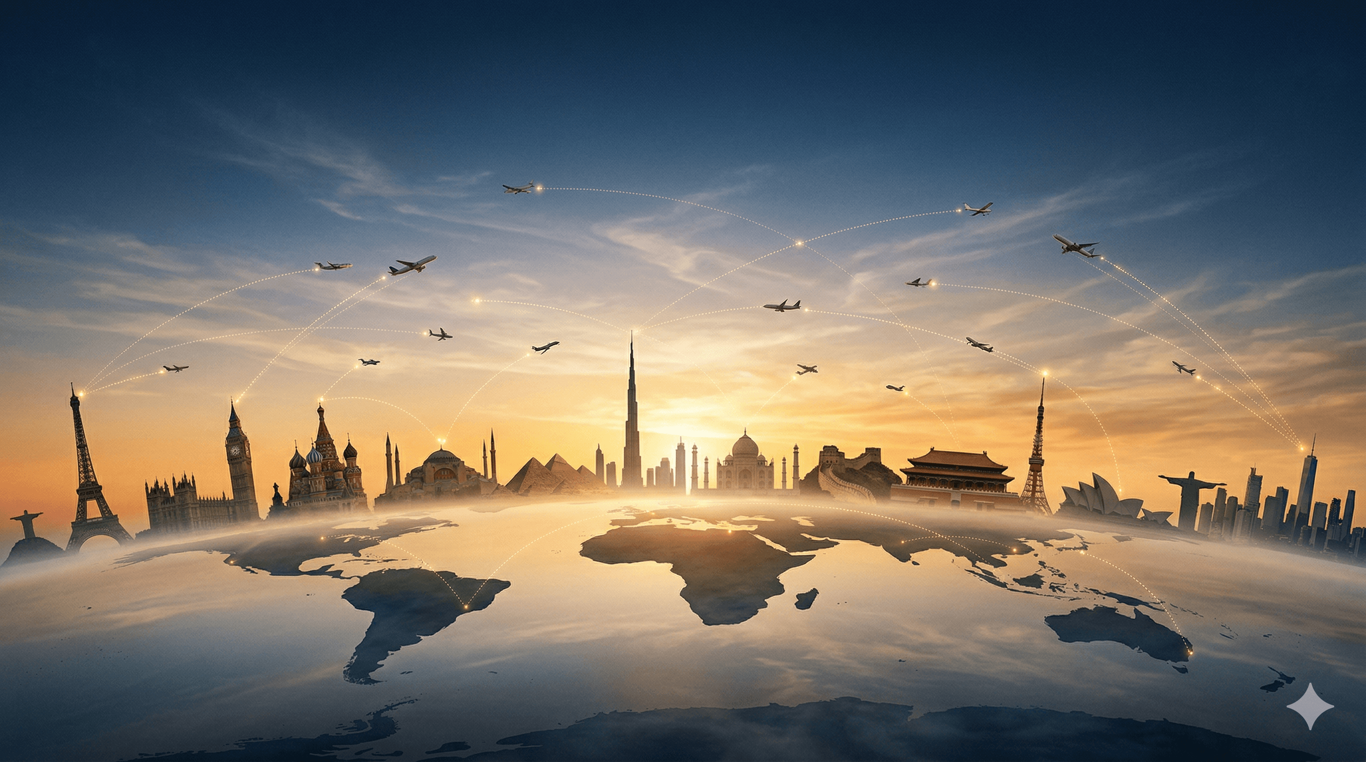 World landmarks silhouettes against a golden sunrise