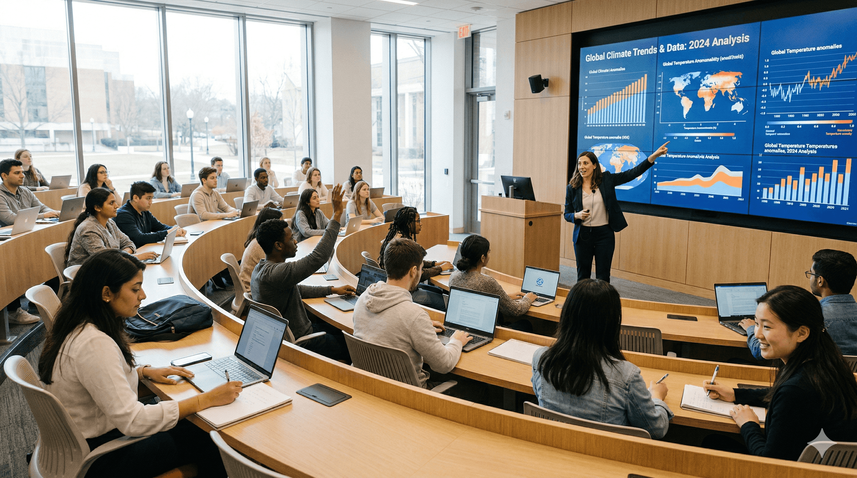 Engaging university lecture in a modern amphitheater classroom