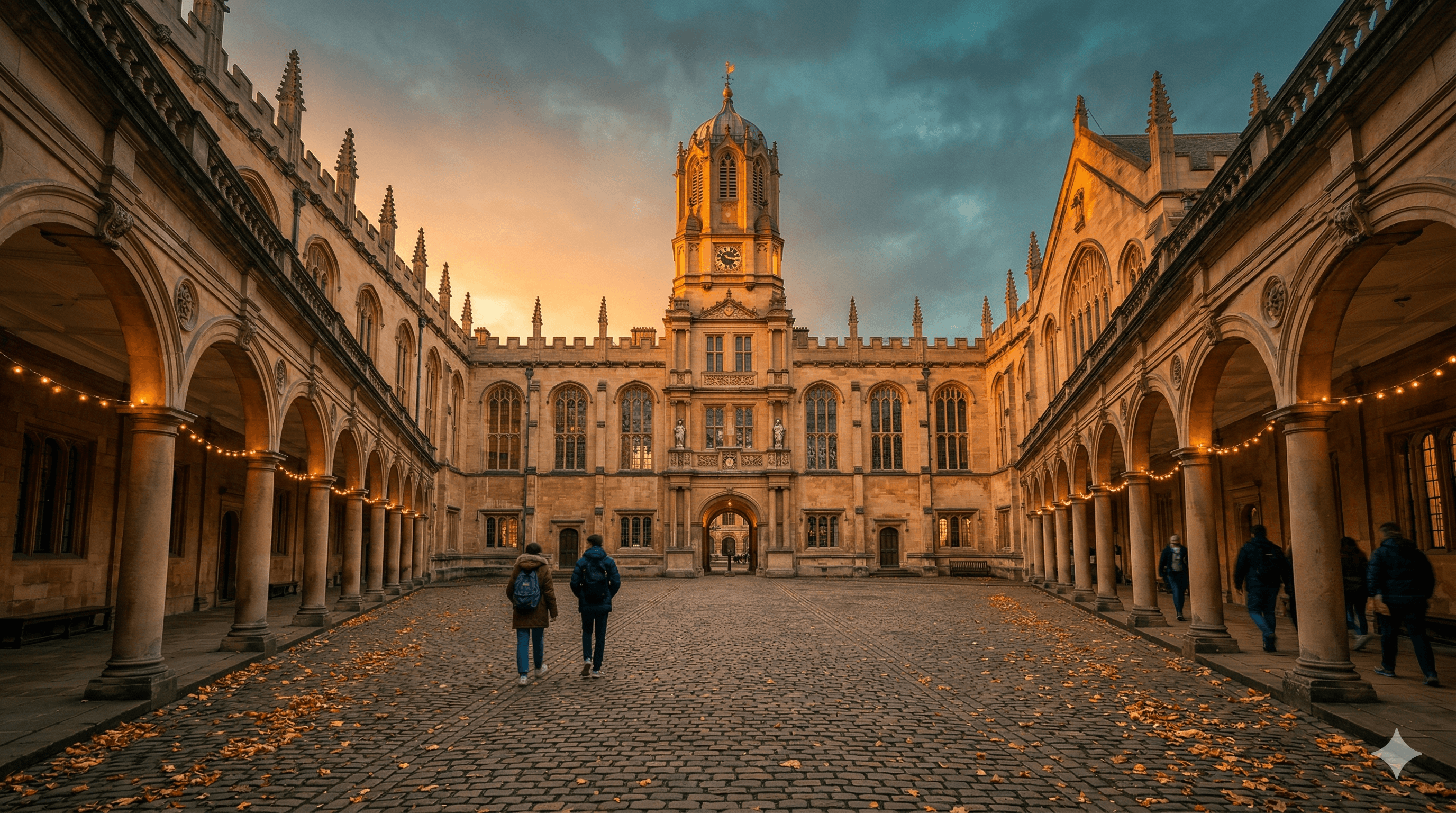 Grand European university courtyard at golden hour